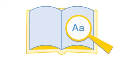 Libro abierto con las páginas en azul claro, acompañado de una lupa amarilla que resalta las letras “Aa”, símbolo de lectura, texto o revisión de contenido.
